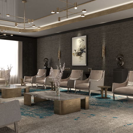 The main reception and lounge area is designed to impress visitors while providing a comfortable waiting space. The use of plush seating in neutral tones paired with gold accents creates an inviting yet luxurious atmosphere. The marble coffee tables and contemporary art pieces add a sense of sophistication, while the strategic lighting enhances the overall ambiance.

