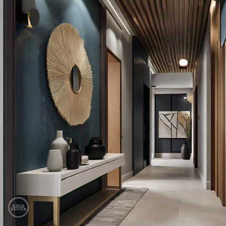The corridor is designed to be both practical and visually appealing, with a mix of natural wood and dark accents. The use of minimalist decor, such as abstract wall art and modern lighting, creates a seamless transition between the different areas of the residence.