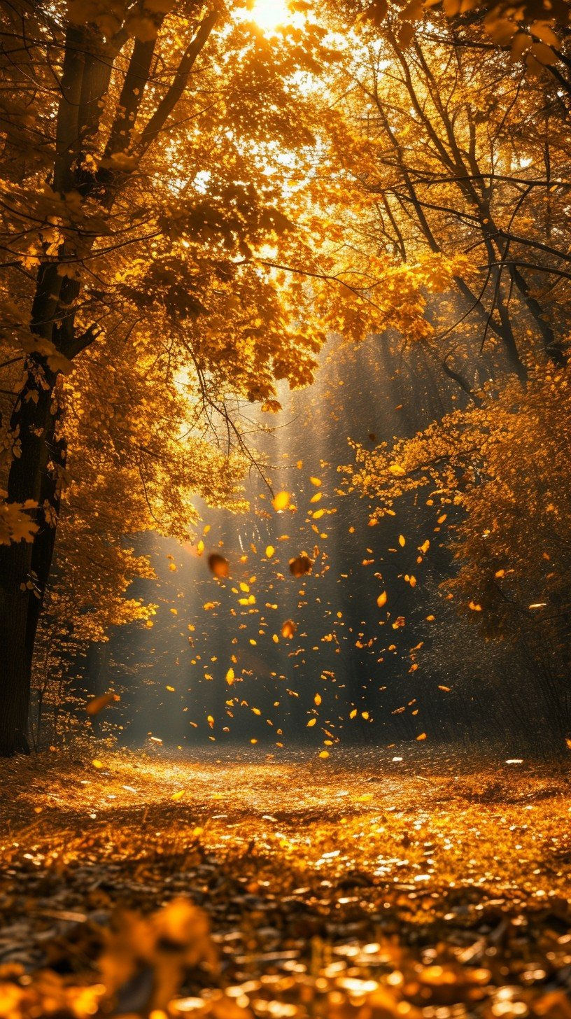 fallen leaves in sun bathed woods