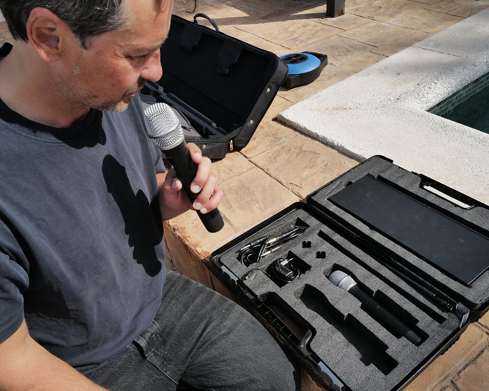 Testing microphone for speeches during a wedding DJ setup in Marbella