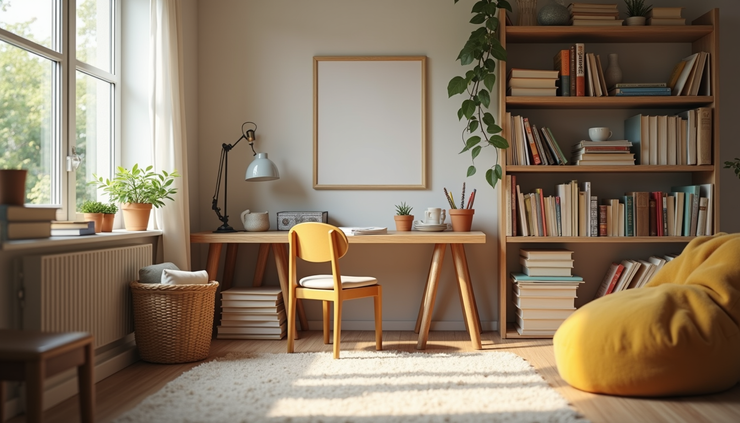 Eye-level view of a quiet home study area with books and learning materials