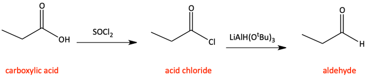 Carboxylic acid to acid chloride then reduction to aldehyde