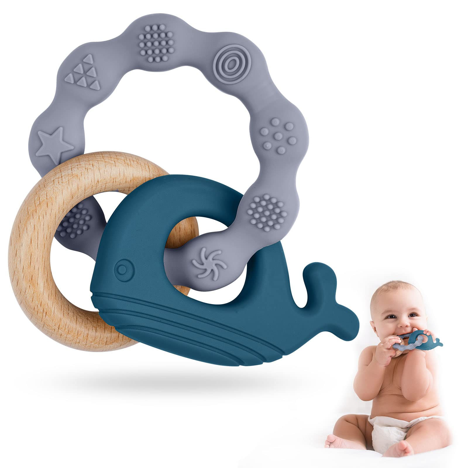 Silicone & Natural Wood Baby Teether Ring