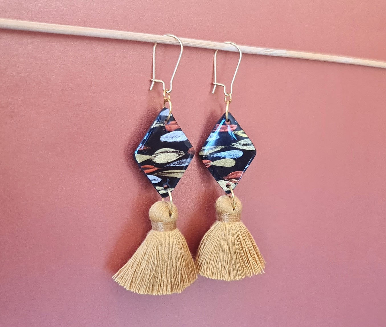 80's Dress Up Party No 2' Diamond Black Clay Earrings with Golden Tassel - Glamorous ABBA Xanadu Inspired Style