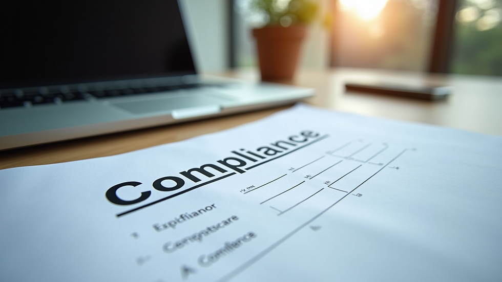 Close-up view of compliance documents and a laptop on a desk