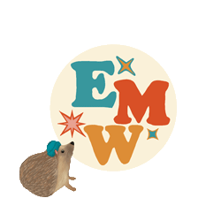 An illustrated hedgehog in a teal beanie next to a circular logo with the letters EMW flickering in teal, mustard, and red