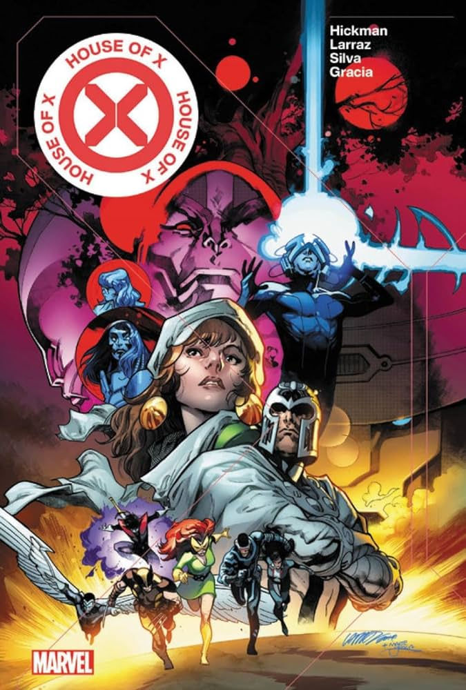 Comic cover with superheroes in dynamic poses against a colorful background. "House of X" text and Marvel logo visible. Energetic mood.