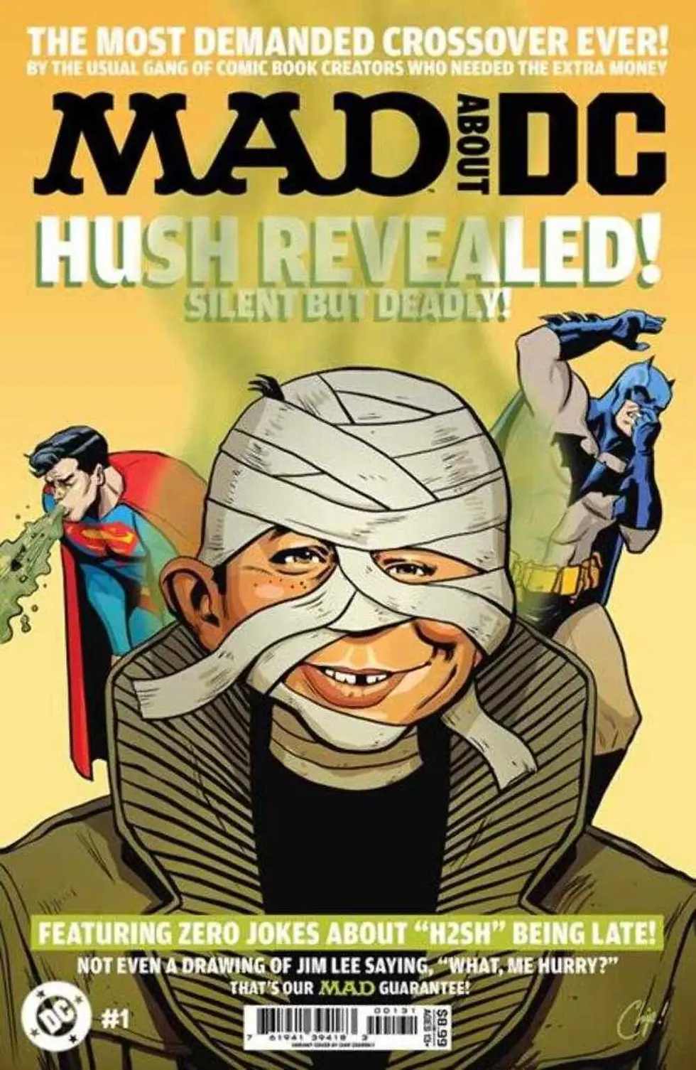 Comic cover showing a mummified character smiling, Superman coughing, and Batman covering his nose. Text reads "Hush Revealed! Silent but Deadly!"