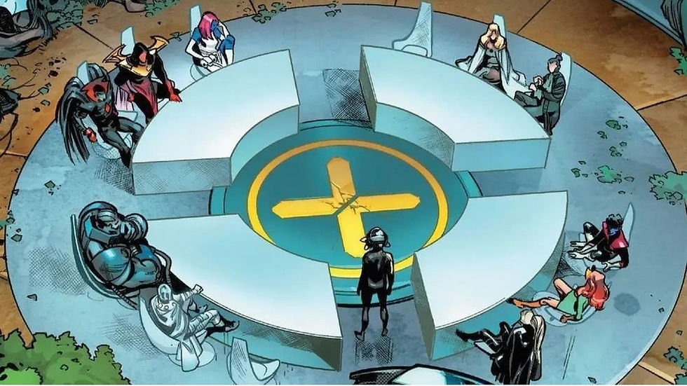 Characters in costumes sit around a circular table with an X symbol. One stands in the center. The setting is bright and futuristic.
