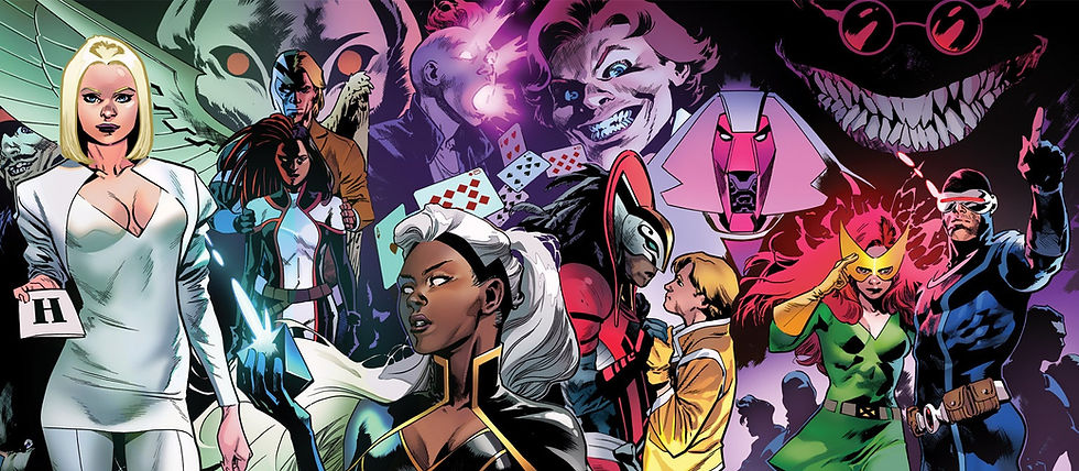 Comic-style image of superheroes and villains with vibrant costumes and powers in a dramatic stance. Cards and glowing elements highlight action.