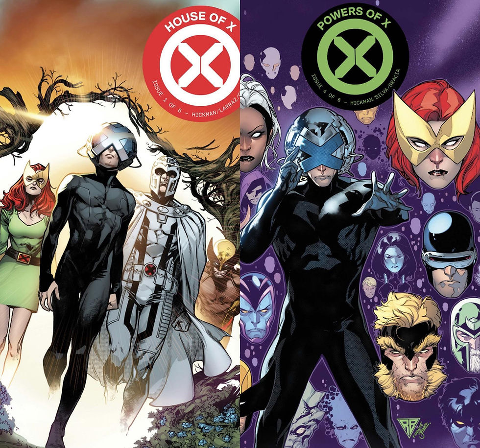 Comic cover split: left shows heroes walking with "House of X" text; right features floating heads on purple with "Powers of X" text. Dynamic mood.