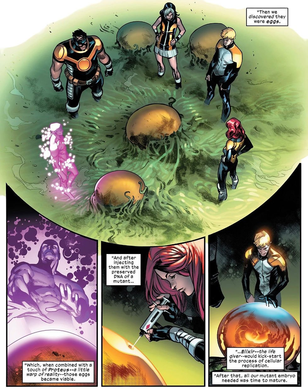 Heroes observe glowing eggs in a green environment. One uses a syringe on an egg. Text explains mutant DNA injection. Mood is curious.