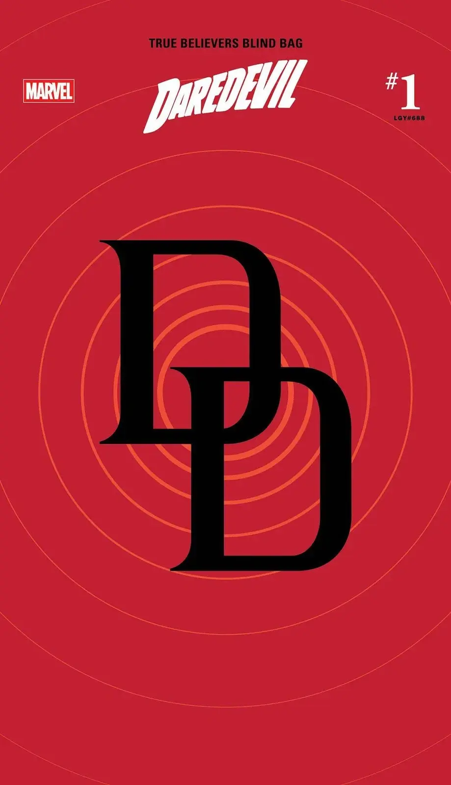 Red comic cover with large black "DD" logo at center. White text reads "Daredevil" above. Circular patterns in background.
