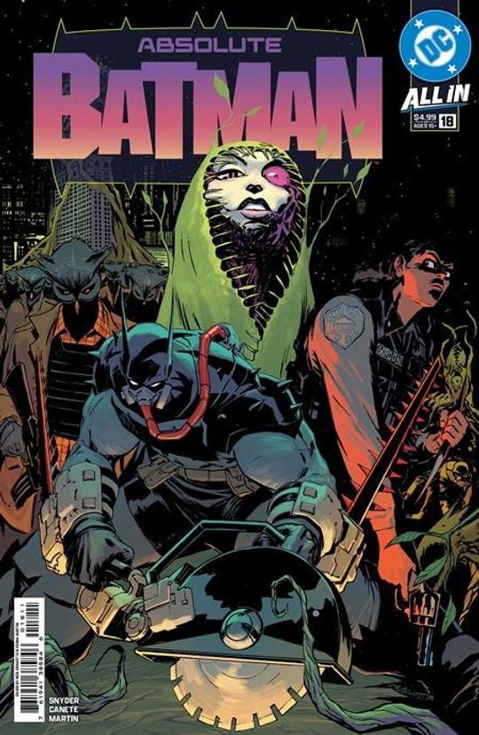 Comic cover featuring armored figure with cape in front, surrounded by masked characters. Neon "Absolute Batman" title above. Dark cityscape backdrop.