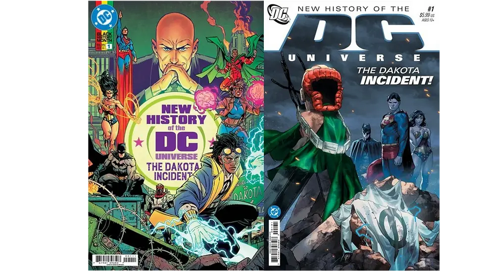 Comic cover split in two: left shows superheroes and "New History of the DC Universe: The Dakota Incident"; right features heroes in a dark, moody scene.