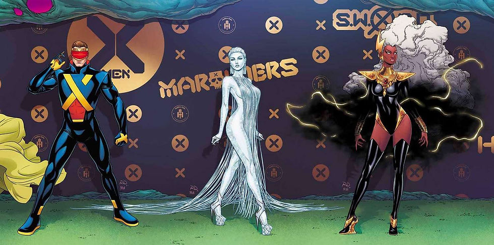 Three superheroes stand confidently in a colorful setting. Background has "X-Men" and "Marauders" text, with bold and dynamic patterns.