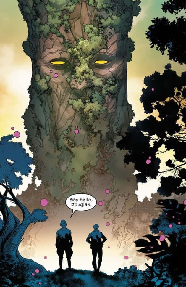 Two people face a giant tree with a face, glowing eyes, and foliage. Pink orbs float around. Speech bubble: "Say hello, Douglas."