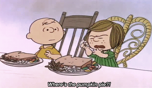 Charlie Brown character asking "Where's the pumpkin pie?" While looking at a plate of food