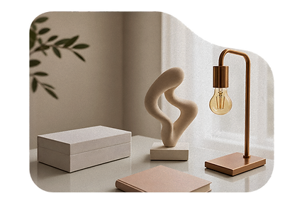 Composição ilustrativa com escultura abstrata, luminária e livros
