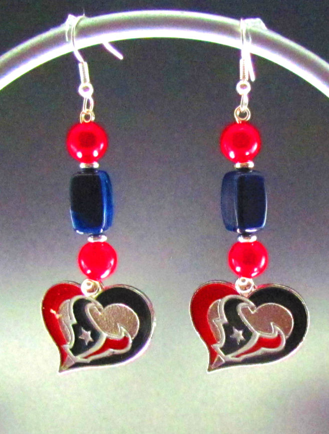 Houston Texans Swirl Heart Dangle with red pearl & Long navy