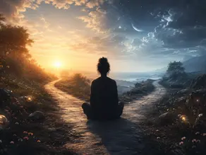 Une personne en posture de méditation assise à une bifurcation, regardant le soleil levant d'un côté et la lune et les étoiles de l'autre.