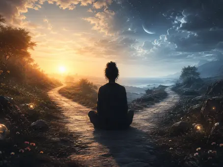 Une personne en posture de méditation assise à une bifurcation, regardant le soleil levant d'un côté et la lune et les étoiles de l'autre.