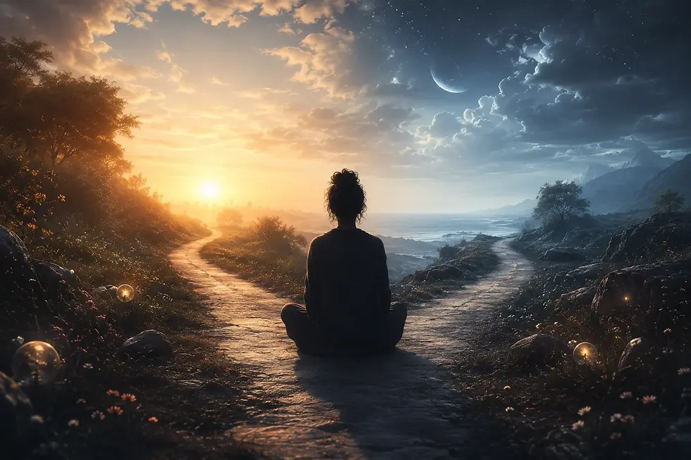 Une personne en posture de méditation assise à une bifurcation, regardant le soleil levant d'un côté et la lune et les étoiles de l'autre.