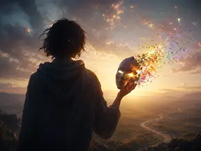 Une personne de dos tient un masque qui se désintègre en particules colorées, le soleil se couchant derrière offrant une lumière dorée.