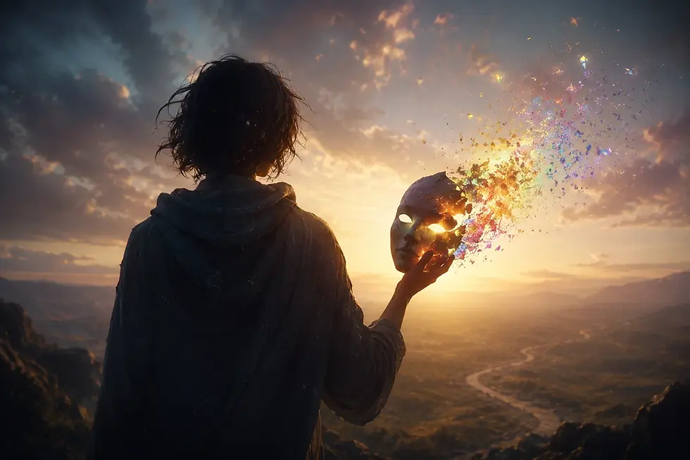Une personne de dos tient un masque qui se désintègre en particules colorées, le soleil se couchant derrière offrant une lumière dorée.
