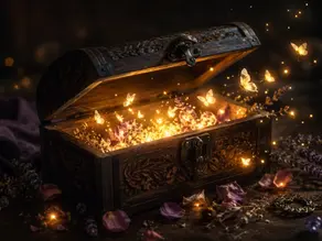 Un vieux coffre ouvert rempli de fleurs séchées, de papillons lumineux et de particules scintillantes, évoquant la magie et le mystère.