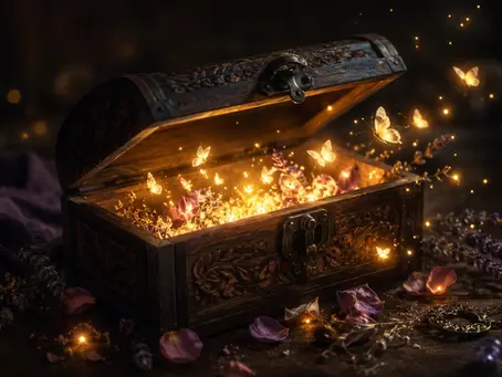 Un vieux coffre ouvert rempli de fleurs séchées, de papillons lumineux et de particules scintillantes, évoquant la magie et le mystère.