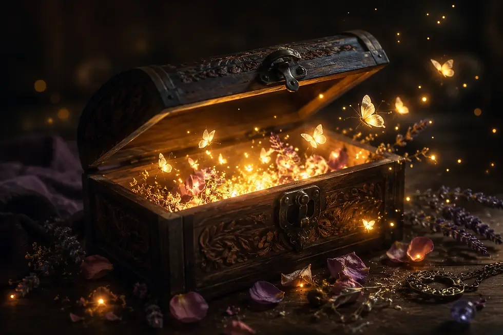 Un vieux coffre ouvert rempli de fleurs séchées, de papillons lumineux et de particules scintillantes, évoquant la magie et le mystère.