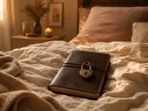 Un journal intime en cuir brun fermé par un verrou en forme de cœur, posé sur un lit aux draps froissés.