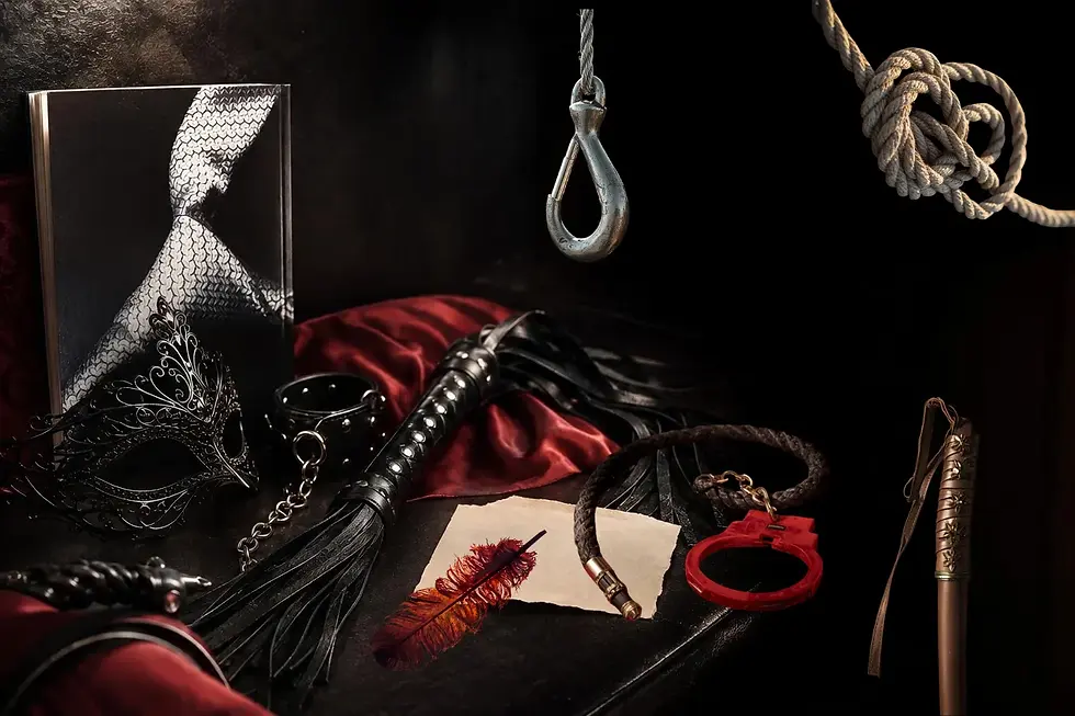 Ensemble d'objets BDSM incluant un masque, des menottes, un fouet, une corde et des éléments suggérant une ambiance érotique.