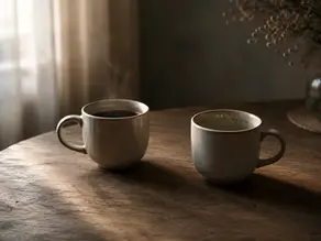 Deux tasses en céramique posées sur une table en bois rustique. L'une contient du café chaud d'où s'échappe de la vapeur.