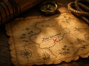 Vieille carte au trésor avec une croix rouge marquant la 'Zone méconnue', un compas et une corde.