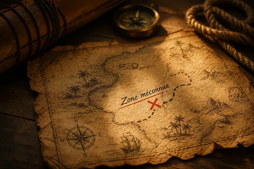 Vieille carte au trésor avec une croix rouge marquant la 'Zone méconnue', un compas et une corde.