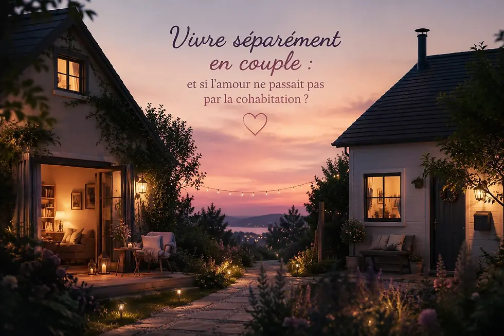 Puisant coucher de soleil, une allée sinueuse mène à deux maisons, symbole d'un amour sans cohabitation.