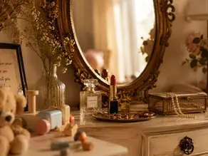 Miroir orné baroque reflétant une pièce, avec sur la coiffeuse rouge à lèvres, parfum, bijoux et jouets d'enfant.