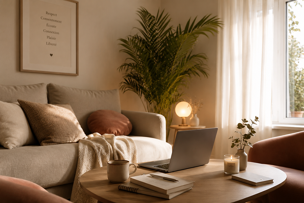 Close-up view of a cozy home office setup with a laptop and a plant
