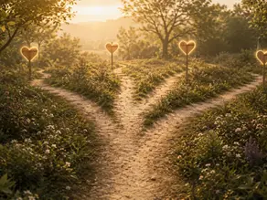 Sentier de terre sinueux dans un paysage verdoyant au coucher du soleil, flanqué de poteaux portant des cœurs lumineux.