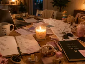 Table de bureau encombrée de factures, un carnet de tâches, une bougie allumée et des objets d'enfants, symbolisant la gestion du quotidien.