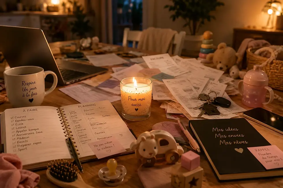 Table de bureau encombrée de factures, un carnet de tâches, une bougie allumée et des objets d'enfants, symbolisant la gestion du quotidien.
