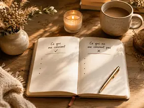 Un carnet ouvert avec deux pages : une pour "Ce qui me convient" (avec une coche) et une pour "Ce qui ne me convient pas" (avec une croix).