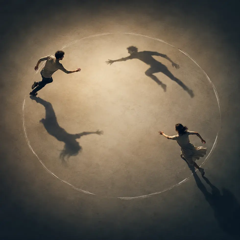 Un homme et une femme dansent dans un cercle, leurs ombres projetées sur le sol illustrant leur mouvement