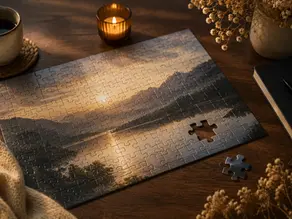 Un puzzle d'un paysage de montagnes et de lac au lever du soleil, avec une pièce manquante et d'autres objets sur la table.