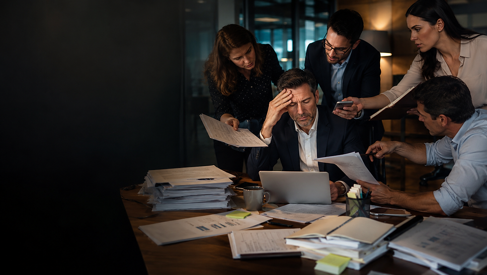 Overwhelmed CEO handling approvals, decisions, and operational issues from multiple department leaders, illustrating the business bottleneck that a Fractional COO helps eliminate through operational structure and accountability.