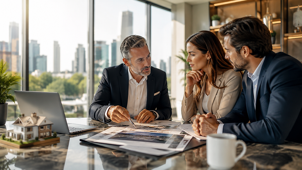 Experienced real estate professional meeting with home buyers in a modern office, reviewing property documents, market reports, and transaction details. The clients listen attentively while discussing a high-stakes real estate decision, with a luxury home model, laptop, and city skyline visible in the background, conveying trust, expertise, negotiation, and professional representation.
