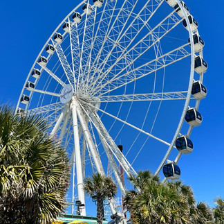 Ferris wheel with a palm trees and buildings in the foreground and blue sky in the background.