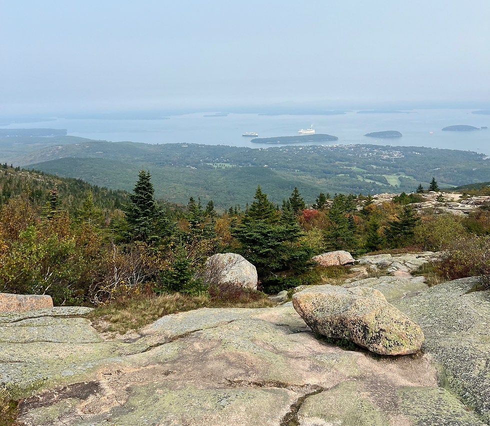 Breathtaking view from the summit of Cadillac Mountain in Acadia National Park, capturing the stunning panorama of Bar Harbor and Frenchman Bay below, with trees in their vibrant fall foliage.